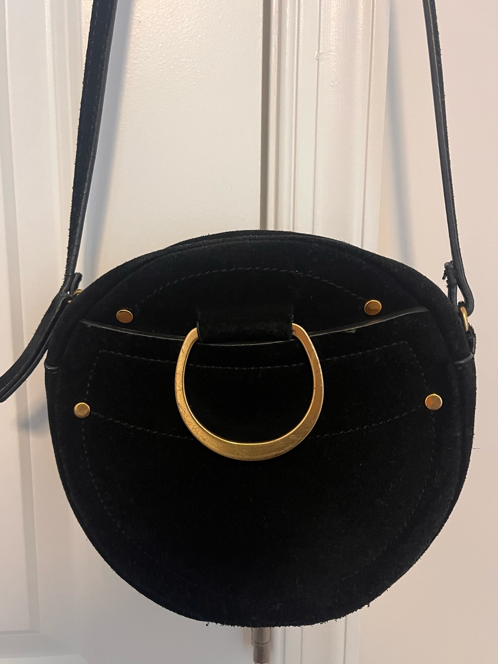 Black Sueded Crossbody Bag With Gold Ring Accent